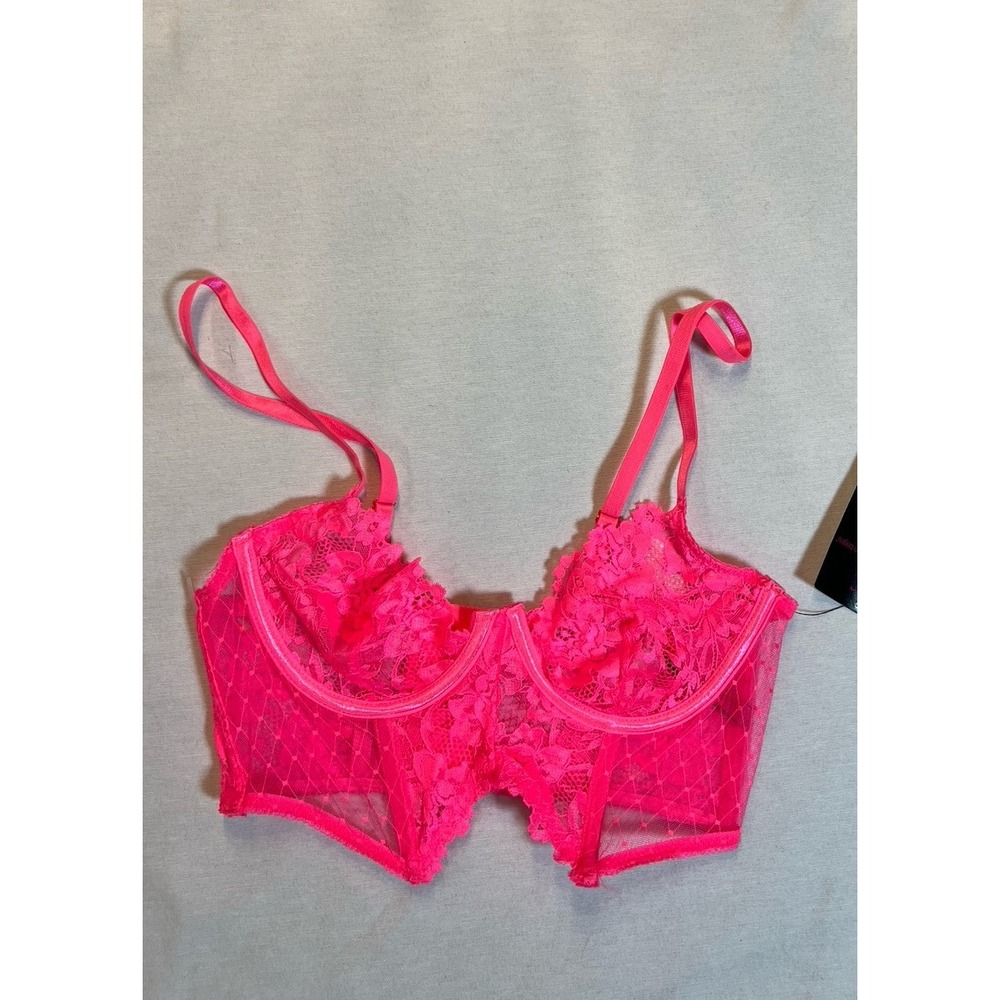 Seven 'til Midnight Neon Pink Lace Fence Mesh Longline Bra M Sexy Rockstar 80s